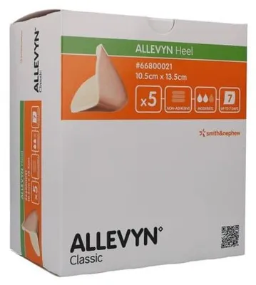 Imagen del producto de Almohadilla para talón Allevyn, espuma, para fijación en el talón. Dimensiones: 10,5 x 13,5 cm. Cantidad: 5 unidades