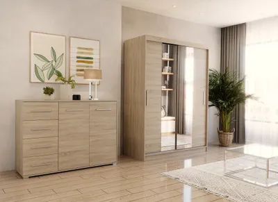 Image de lot de 2 armoires à portes coulissantes Armoire avec deux miroirs Sonoma/Sonoma 150cm Vista 01 avec commode 135cm FRIDA 01