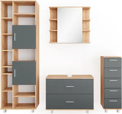 Produktbild von Badmöbel-Set Vicco Ilias Anthrazit/Goldkraft Eiche 4 Teile, mit Hochschrank, Model 34664