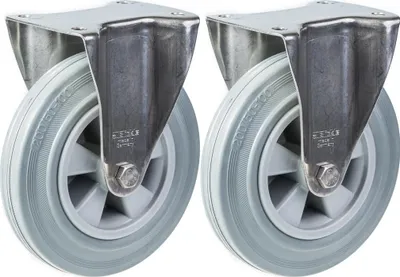 Zdjęcie produktu dla 200 mm 8" kółko ze stali nierdzewnej, szara guma, stałe, 410 kg, zestaw 2 szt
