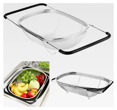 Produktbild von Edelstahl Waschbecken Sieb, Ausziehbares Ovales Sieb für Spülbecken, Abtropfkorb mit erweiterbaren Gummigriffen zum Abseihen, Abtropfen und Waschen von Obst und Gemüse, 36-55,5 x 24 x 10 cm