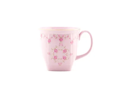 Zdjęcie produktu dla Kwadratowy kubek 0,33, różowa porcelana, kwiaty, złota linia, Leander