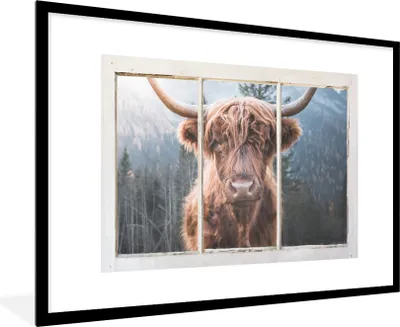 Produktbild von MuchoWow® Gerahmtes Poster Highlander - Berg - Aussicht 90x60 cm - Poster mit Schwarzem Bilderrahmen Wandposter Rahmen Foto Bilder - Wanddekoration - Fotos