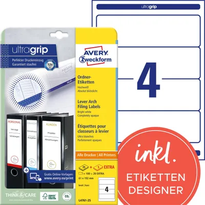 Obrázok produktu pre Avery L4761-25, Biela, Zaoblený obdĺžnik, Permanentný, DIN A4, Papája, Laserový