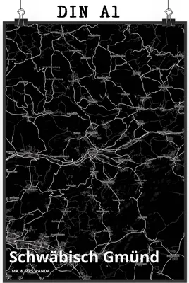Produktbild von Mr. & Mrs. Panda Bild Schwäbisch Gmünd DIN A1 - Geschenk, Wandbild, Deko, Wanddekoration, Stadt, wanddeko, Dorf Karte Landkarte Map Stadtplan, drucke