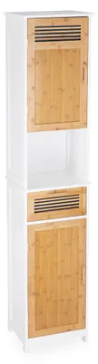 Produktbild von Relaxdays Badschrank, 2 Türen, 1 Schublade, Hochschrank, HxBxT: ca. 180 x 39 x 30 cm, Holz und Bambus, weiß-braun
