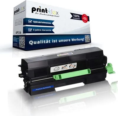 A product shot of a toner cartridge and its packaging, presented on a reflective white surface.