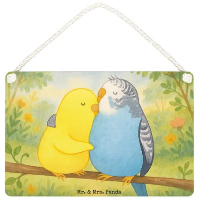 Produktbild von Mr. & Mrs. Panda Schild Wellensittich Liebe Design DIN A4 - Weiß - Geschenk, Umarmung, Kuscheln, Holzschild, holzbild, Freundin, Vögel, Türschild, Verknallt, wandtafel