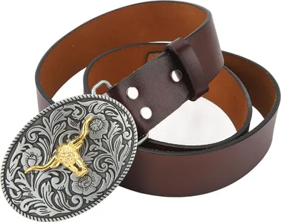 Produktbild von Western Cowboygürtel für Männer Leder Verstellbarer Retro Vintage Bull Muster Casual Schnalle Alltag Braun 115 cm/45.3in