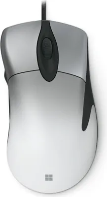 A top-down view of a silver and black Microsoft Pro IntelliMouse on a white background.