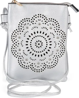Produktbild von styleBREAKER Damen Mini Umhängetasche mit Blumen Lasercut Cutout Muster und Strass | kleine Crossbody Bag Schultertasche Handytasche 14,5 x 19 cm