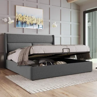 Image de OKWISH Lit coffre 180 x 200 cm – Tête de lit réglable – Gris