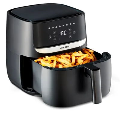Produktbild von MEDION E50 XL Heißluftfritteuse (5,7 Liter, Airfryer, ca. 1700 Watt, Digitales Bedienfeld, 8 Automatikprogramme, ölfreies Frittieren, 30 Min Timer, Überhitzungsschutz, MD10532) schwarz