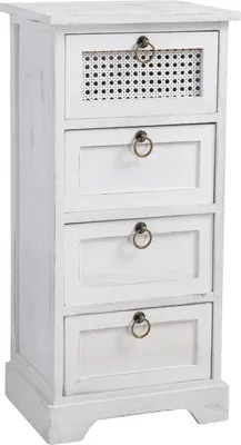 A white vintage-style nightstand with four drawers and a cane-patterned drawer front.