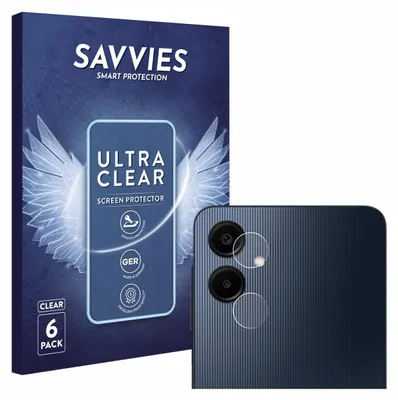 A product package for screen protectors is shown next to a smartphone with camera lens protectors applied.