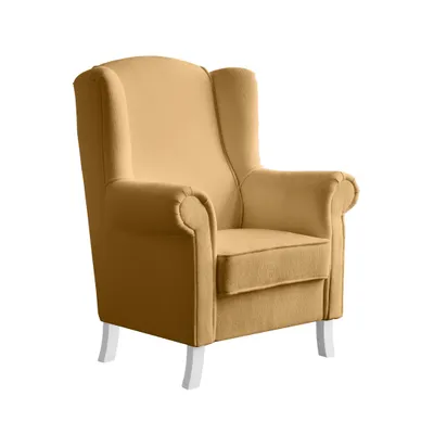 Image de Fauteuil à oreilles LEONARDO Fauteuil relax pour salon, fauteuil rembourré, Bouckle moutardeJaune, pieds en bois blanc