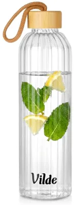 Zdjęcie produktu dla Szklana butelka na wodę 750 ml z bambusową pokrywką