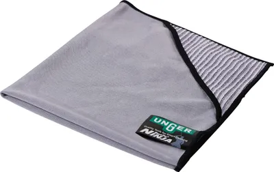 A folded gray microfiber cleaning cloth with a black trim and a striped inner edge, lying on a white background. A label with the brand name 'UNGER NINJA' is visible.
