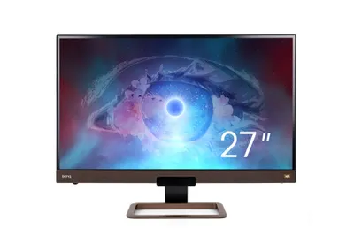 A BenQ monitor displaying a colorful eye graphic and the text '27"'.