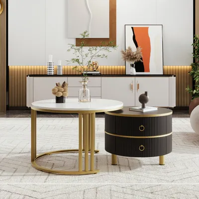 Zdjęcie produktu dla Okrągły stolik kawowy Sweiko 2 w 1 z płyty MDF, stolik boczny z błyszczącym blatem i 1 blatem z białego marmuru, stolik kawowy do salonu z 2 szufladami, 70x70x46 + 50x50x40 cm