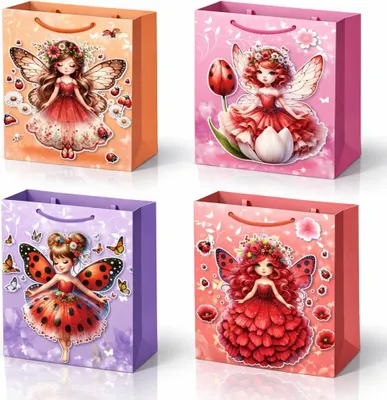 Produktbild von RHP Geschenktüten 12er Pack – Feen & Marienkäfer – 4 Motive – Medium 23x18x10 cm – stabile 3D Geschenkbeutel mit Kordel – für Kindergeburtstag & Party