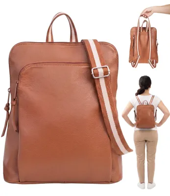 Produktbild von Leder Rucksack Handtasche klein Vario Gurt Geheimfach Freizeitrucksack Damen Alessandro Salvatore Lederrucksack Rom 12979 Cognac Braun + Schlüsseletui