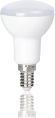 A white LED light bulb with a silver screw base is shown against a white background. Below the bulb is a reflection of the bulb and its base.