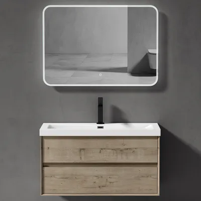 Produktbild von doporro Badmöbelset Waschbecken-Unterschrank mit Soft-close in Eiche Greige Wandhängender Badezimmerunterschrank 100cm inkl. Mineralguss-Waschbecken und LED-Badspiegel Rimo