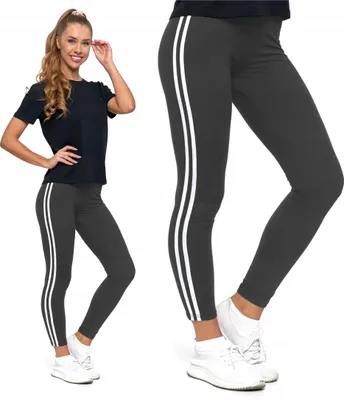 A woman is shown wearing leggings and a t-shirt, with a close-up view of the leggings.