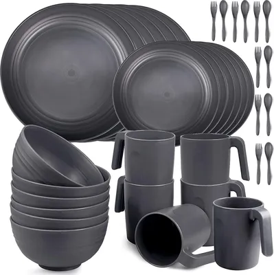 Produktbild von 36 Stück unzerbrechliche Geschirrsets für 6 Personen - Grau | Campinggeschirr, Schalen, Plastik-Picknick-Dinner-Sets || Leichte Grillgeschirr, Schalen, Tassen, Besteckset, Gabeln, Geschirr