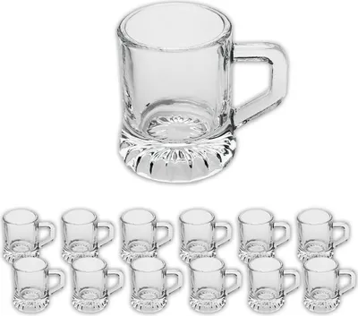 Produktbild von 12x Schnapglas mit Henkel für JGA, Party, Hochzeit, Schnapskrug, Henkelstamper, Minikrug