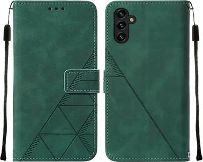 A product image showing a green flip leather phone case for a Samsung Galaxy A54 5G, displayed open to show the interior and closed to show the exterior.