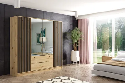 Produktbild von ALTDECOR Kleiderschrank NELIA mit Spiegel und selbstschließenden, Lamellentüren, Lamellen, Flügeltüren, 200 cm Artisan