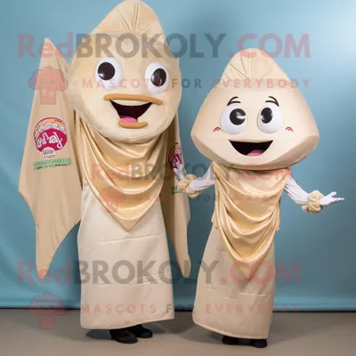 Produktbild von Beigefarbener REDBROKOLY Fisch-Tacos Maskottchen Kostüm charakter bekleidet mit einem Etuikleid und Gürteln
