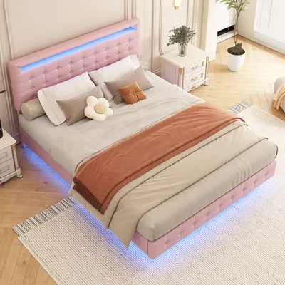 Image de MODFU Lit double 140x200 - Tête de lit réglable - Sans Matelas - Rose
