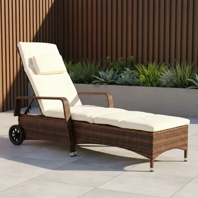 Produktbild von Polyrattan Sonnenliege verstellbar 213×67 cm braun mit Rollen & Polsterauflage