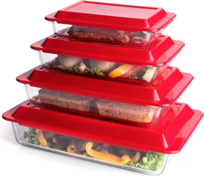 Produktbild von Set von 8 rechteckigen Glasbackformen mit Deckel - Ovenschalen in verschiedenen Größen