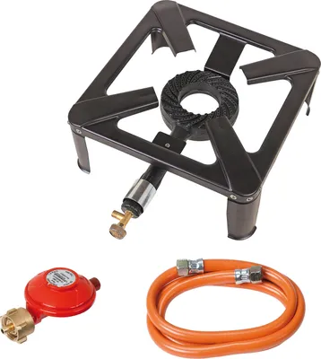 Produktbild von ROTHENBERGER Industrial Hockerkocher inkl. 1,5 m Propan-Gas-Schlauch & Propan-Konstantregler für Camping, Outdoor, nur für die Verwendung im Freien, für den Anschluss an Propangasflasche 1500001392