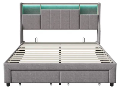 Produktbild von Polsterbett - Doppelbett 140x200 cm - LED-Kopfteil mit USB-Anschluss - Mit 2 Schubladen - Modernes Design - Grau
