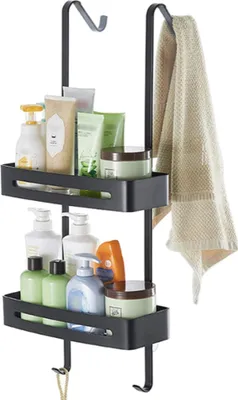 Produktbild von Duschablage zum Hängen Schwarz, Duschregal mit 2 Duschkörben zum Hängen, Platzsparendes Duschablage Edelstahl, Shampoo Halterung für Dusche 4 Haken