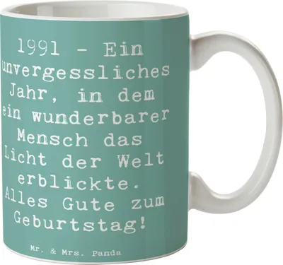 Produktbild von Mr. & Mrs. Panda Teetasse Spruch 1991 Geburtstag - Meeresbrise - Geschenk, Alter, Tasse, Geburtsjahr, Happy Birthday, Becher, Pott, Erinnerung, Henkelbecher, Kaffeetasse