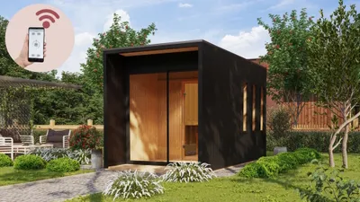 Produktbild von Karibu Saunahaus Außensauna Gartensauna Außensauna MIRAMAR schwarz 220 x 429 cm inkl. 9kw Ofen und HUUM WIFI Steuergerät Sparset 38mm Wandstärke
