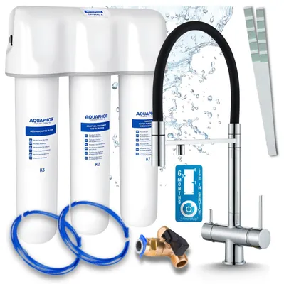 Immagine prodotto di Rubinetto da cucina Ari a 3 vie, modello Highflex, cromato, con doccetta estraibile. Include il sistema di filtraggio dell'acqua Aquaphor Kristall A