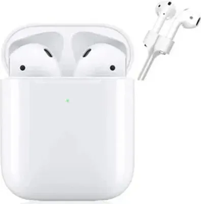 A pair of white wireless earbuds and their charging case are shown against a white background.
