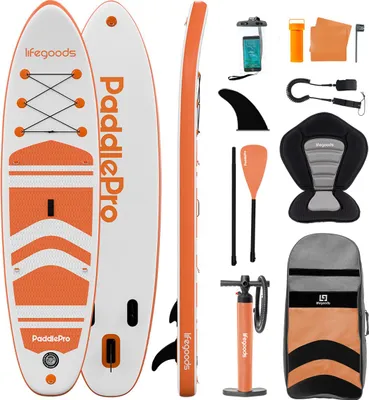 Produktbild von LifeGoods PaddlePro SUP Board - Mit Sitz - Aufblasbares Paddle Board - Komplettes Set - Max. 135 KG - 320x81 cm - Weiß/Orange