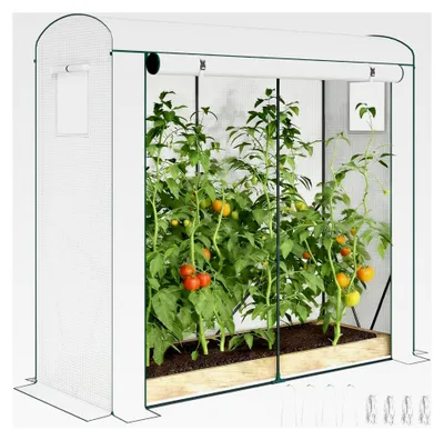 Produktbild von Mini-Gewächshaus für Tomatenanzucht mit Rolltür und 2 Netzfenstern, tragbares Gewächshaus für Innen und Außen mit PE-Abdeckung für Garten und Terrasse, 200 x 75 x 188 cm, weiß