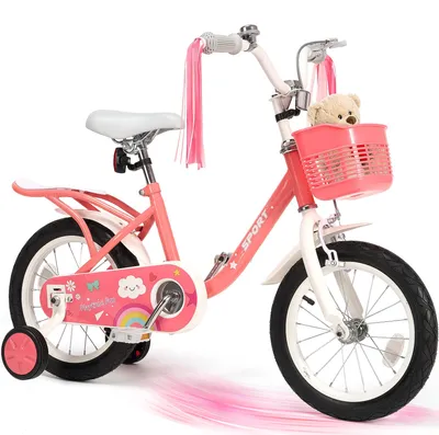 Kinderfahrrad 14 Zoll mit Stützrädern, Korb & Klingel, rosa