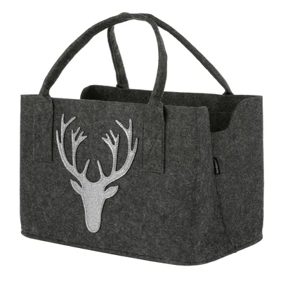 Produktbild von Olsen Store GmbH, Dunkelgraue Filz Kaminholztasche, 40 x 25 cm, mit funkelndem Hirschkopf