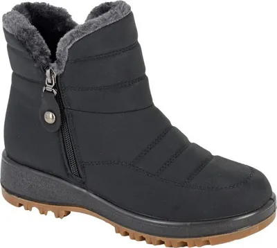 A black winter boot with a zipper and faux fur lining.