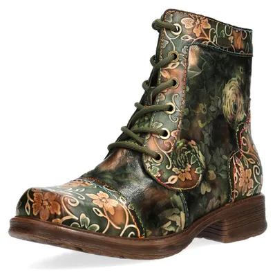 Produktbild von Laura Vita Damen Leder Stiefelette im Vintage-Look mit Blumenmuster Anitao 11, Größe:39 EU, Farbe:Grün